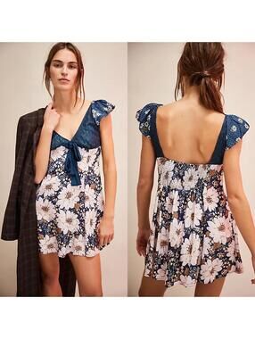 Free People Aurora Babydoll Dress Blue Lace Floral Satin Size XS